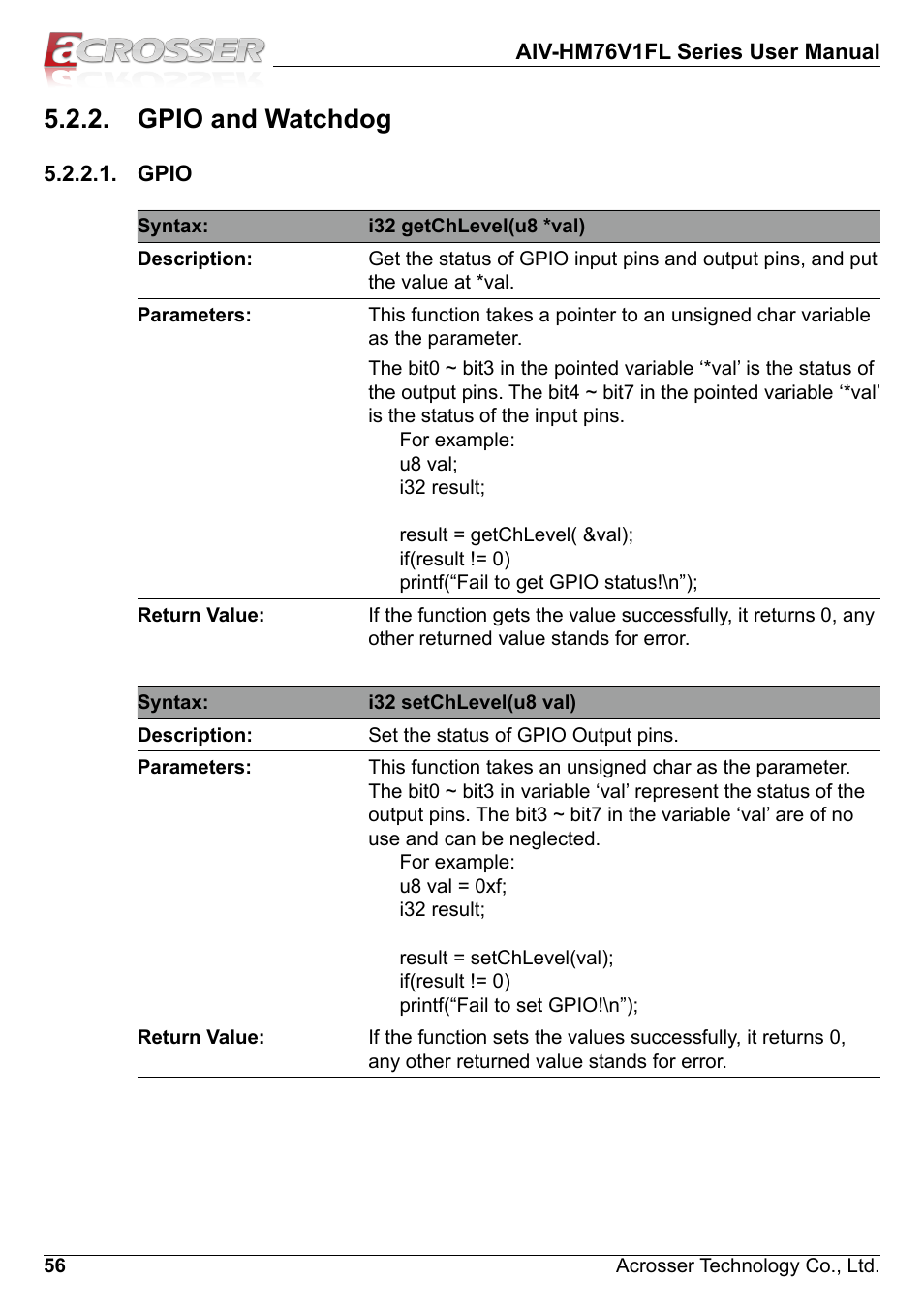 Gpio and watchdog, Gpio | Acrosser AIV-HM76V1FL User Manual | Page 56 / 71