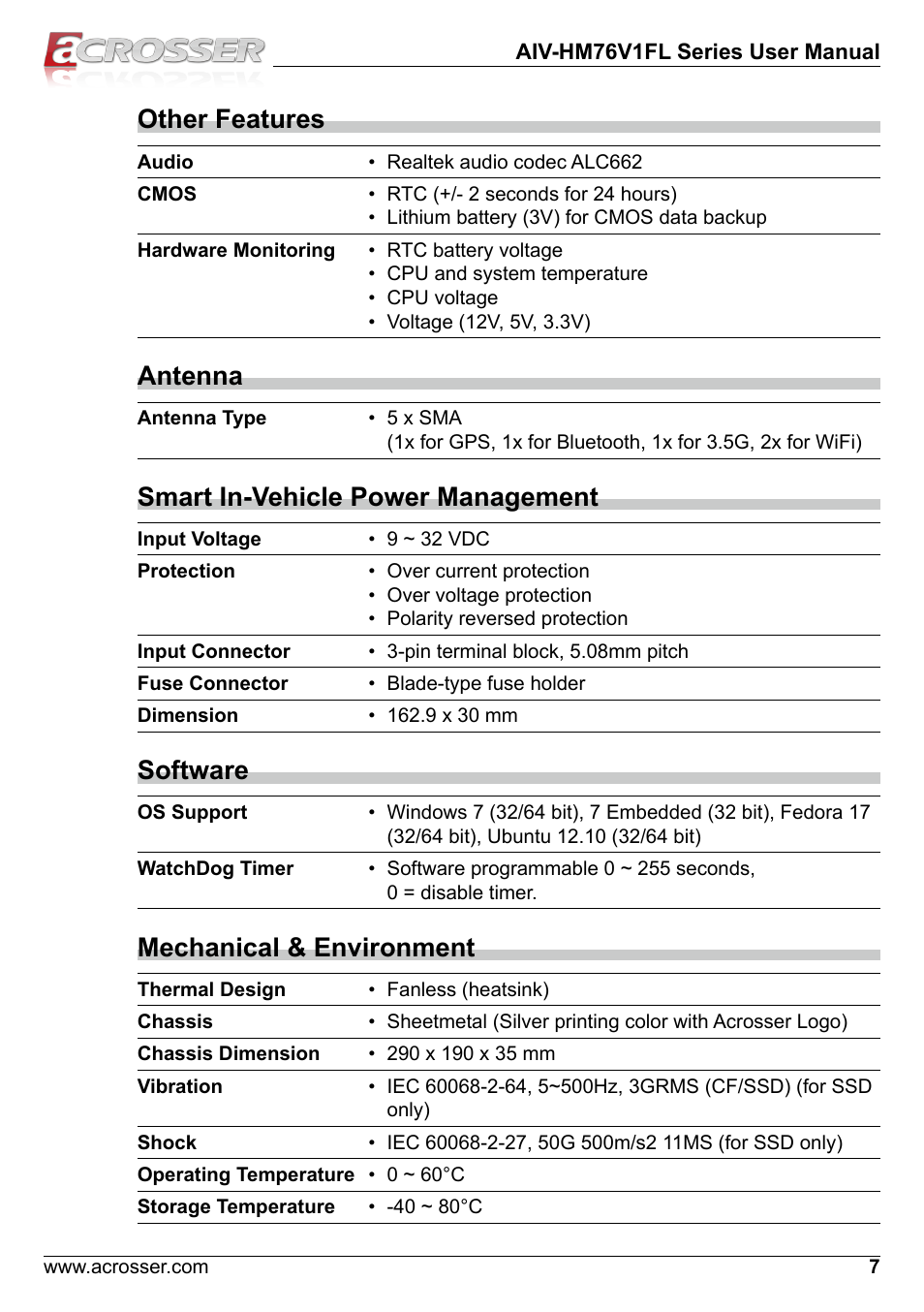 Other features, Antenna, Smart in-vehicle power management | Software, Mechanical & environment | Acrosser AIV-HM76V1FL User Manual | Page 7 / 71