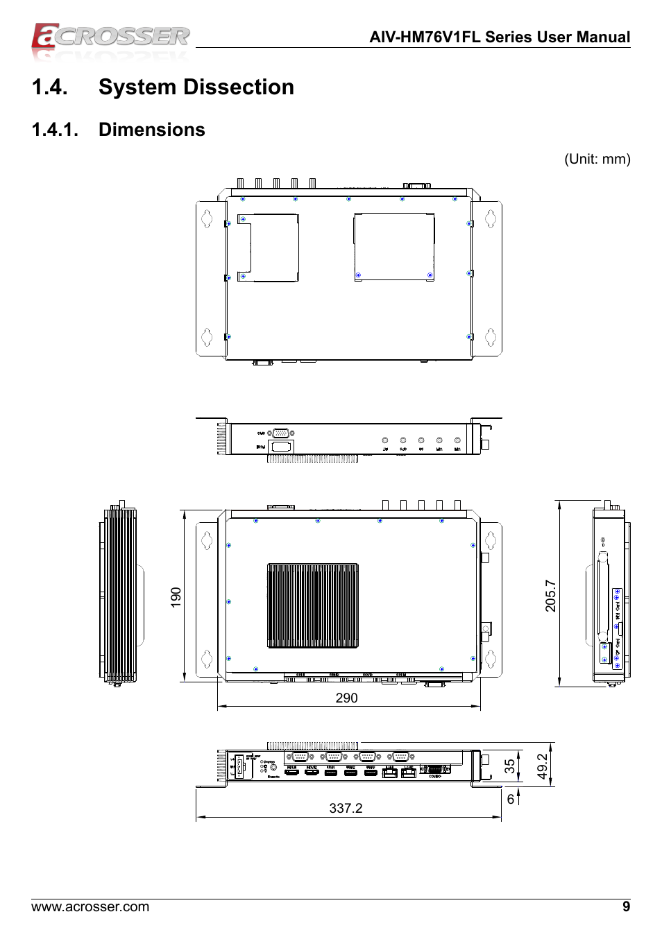 System dissection, Dimensions | Acrosser AIV-HM76V1FL User Manual | Page 9 / 71