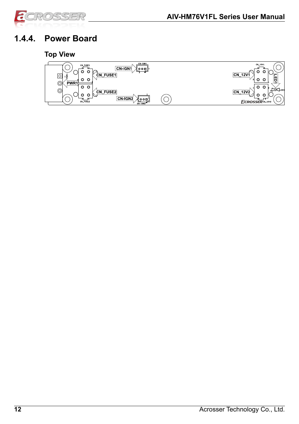 Power board, Aiv-hm76v1fl series user manual, Top view | Acrosser AIV-HM76V1FL User Manual | Page 12 / 69