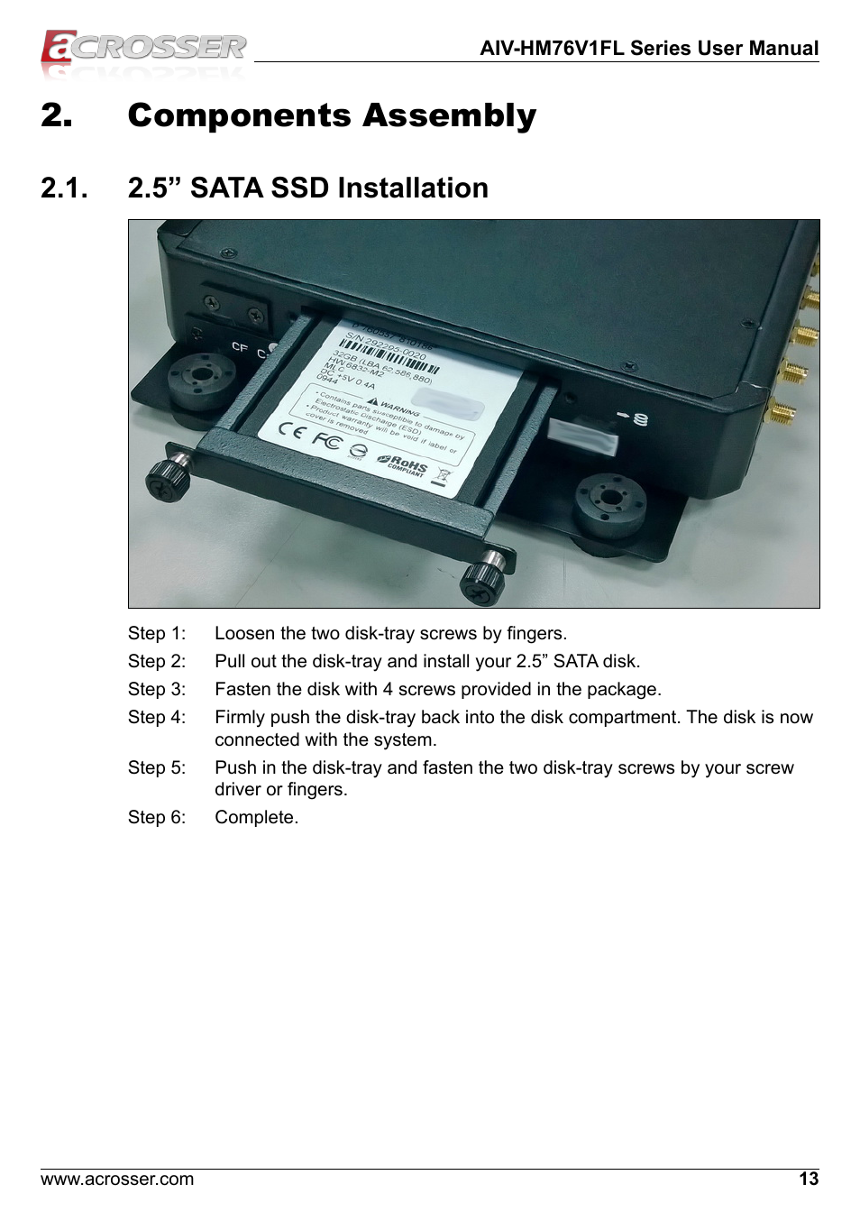 Components assembly, 2.5” sata ssd installation | Acrosser AIV-HM76V1FL User Manual | Page 13 / 69