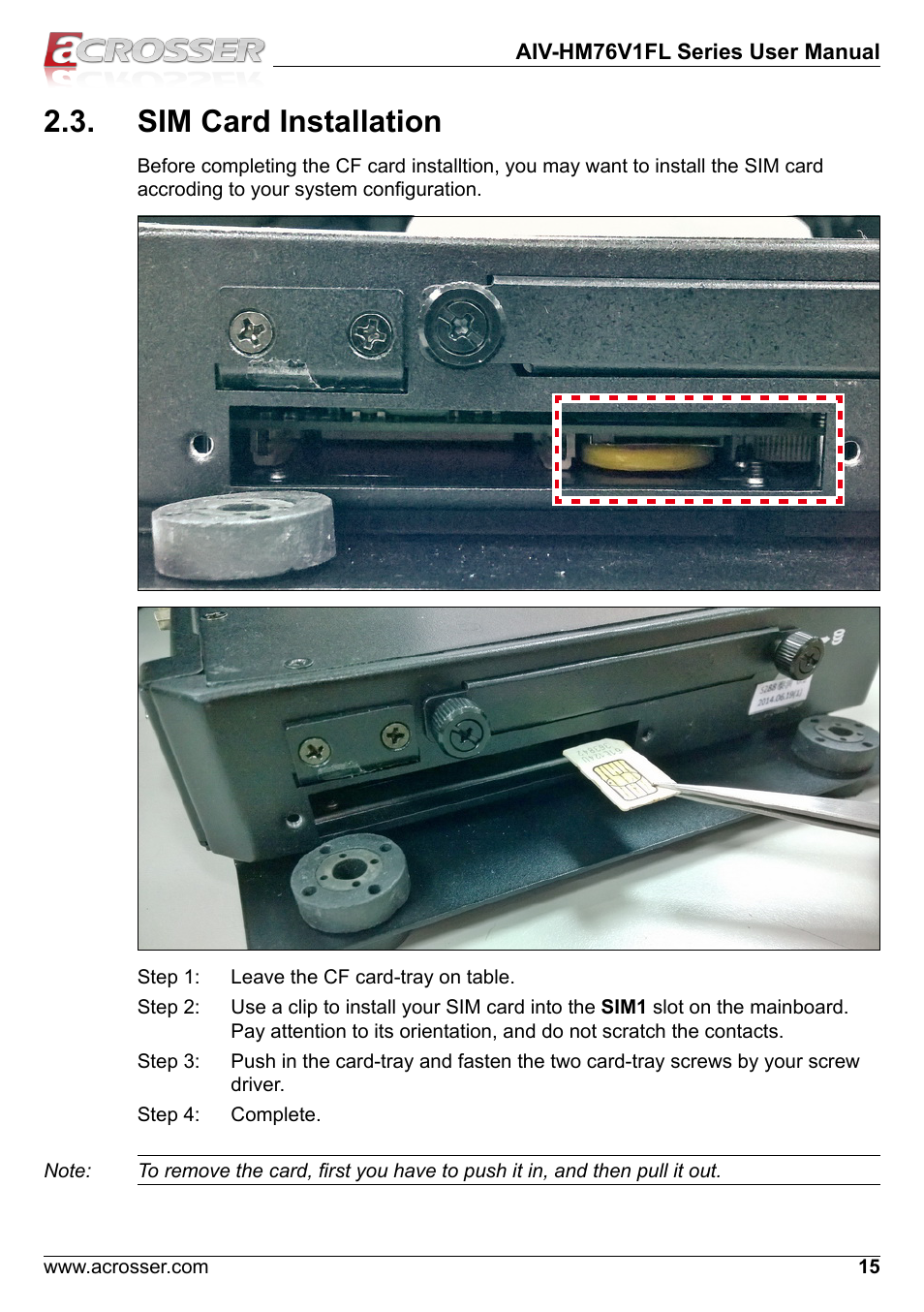 Sim card installation | Acrosser AIV-HM76V1FL User Manual | Page 15 / 69