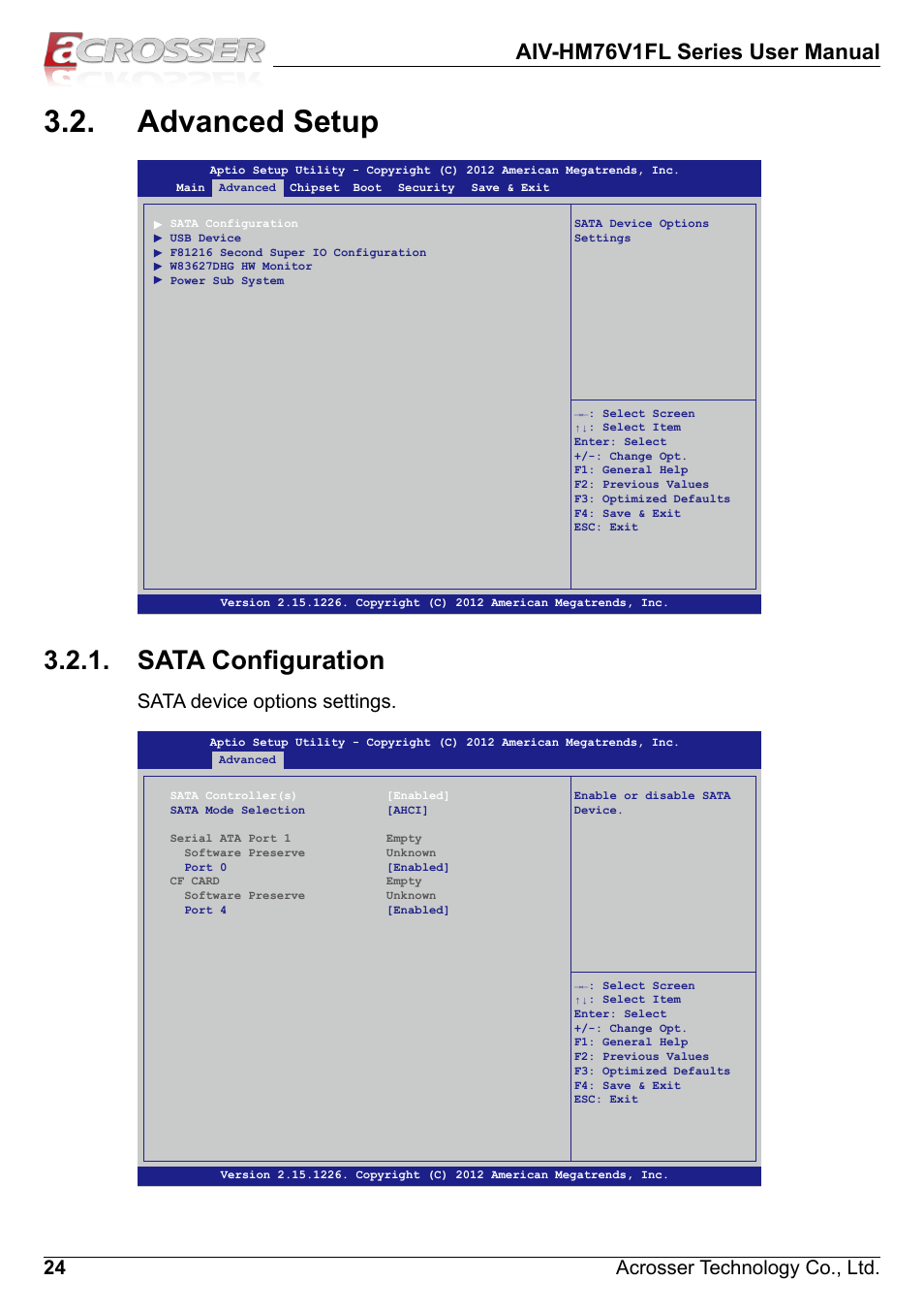 Advanced setup, Sata configuration, Aiv-hm76v1fl series user manual | 24 acrosser technology co., ltd, Sata device options settings | Acrosser AIV-HM76V1FL User Manual | Page 24 / 69