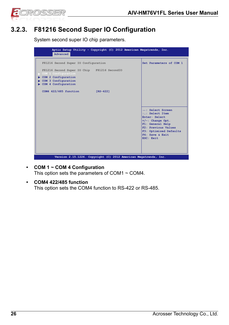 F81216 second super io configuration, Aiv-hm76v1fl series user manual, 26 acrosser technology co., ltd | System second super io chip parameters | Acrosser AIV-HM76V1FL User Manual | Page 26 / 69