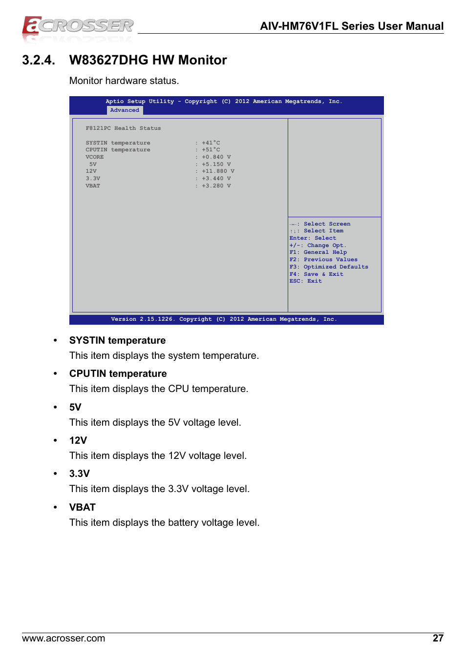 W83627dhg hw monitor, Aiv-hm76v1fl series user manual, Monitor hardware status | Acrosser AIV-HM76V1FL User Manual | Page 27 / 69