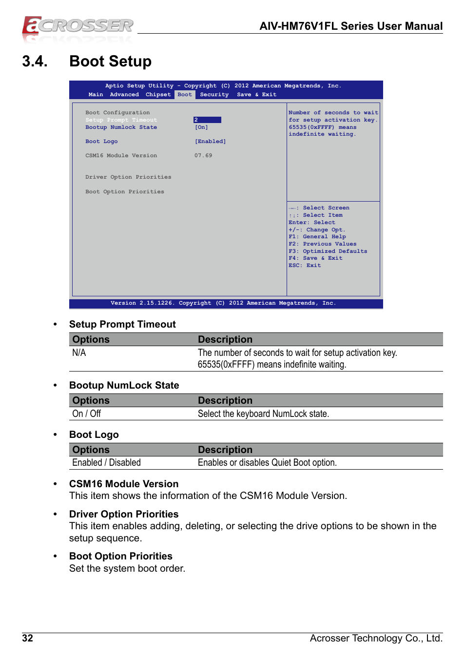 Boot setup, Aiv-hm76v1fl series user manual, 32 acrosser technology co., ltd | Acrosser AIV-HM76V1FL User Manual | Page 32 / 69