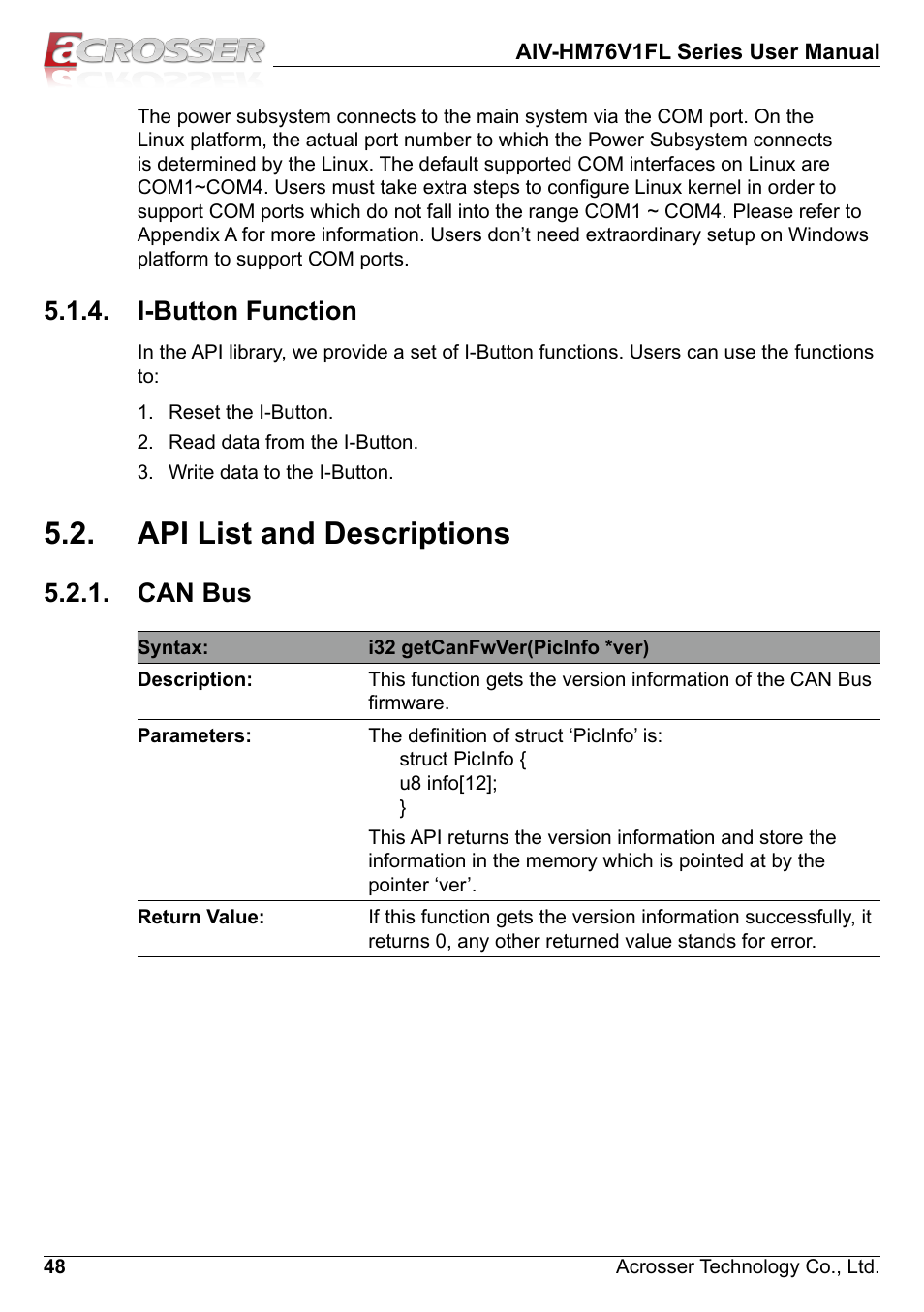 I-button function, Api list and descriptions, Can bus | Acrosser AIV-HM76V1FL User Manual | Page 48 / 69
