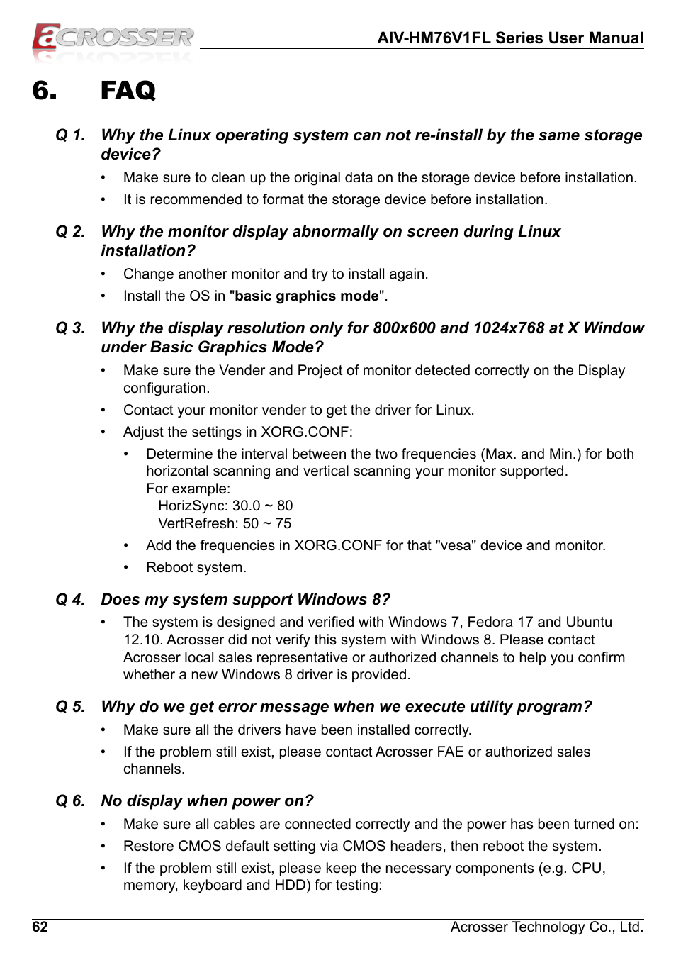 Q 4. does my system support windows 8, Q 6. no display when power on, Basic graphics mode | Acrosser AIV-HM76V1FL User Manual | Page 62 / 69