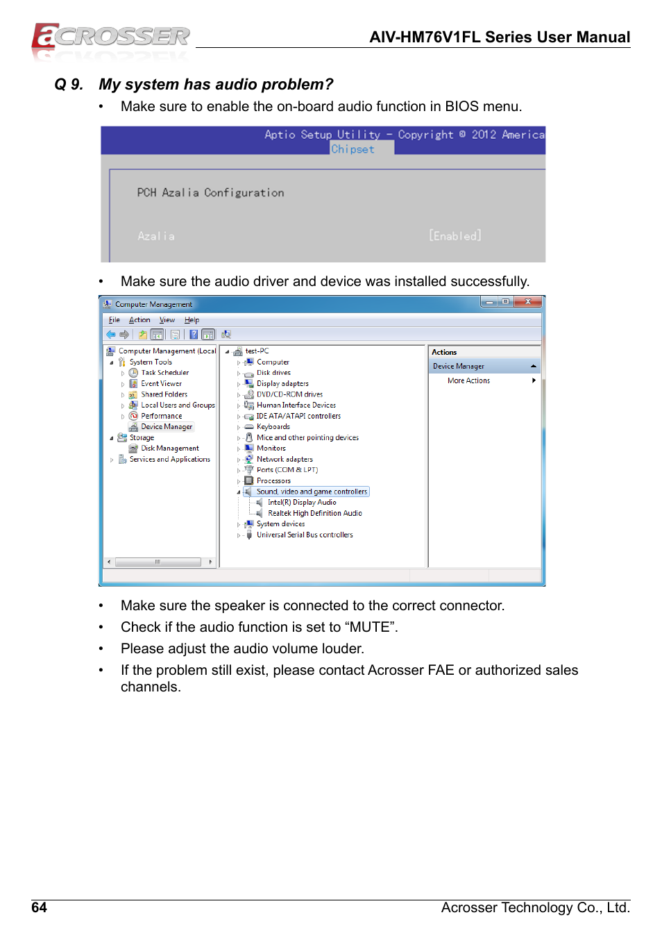 Q 9. my system has audio problem | Acrosser AIV-HM76V1FL User Manual | Page 64 / 69