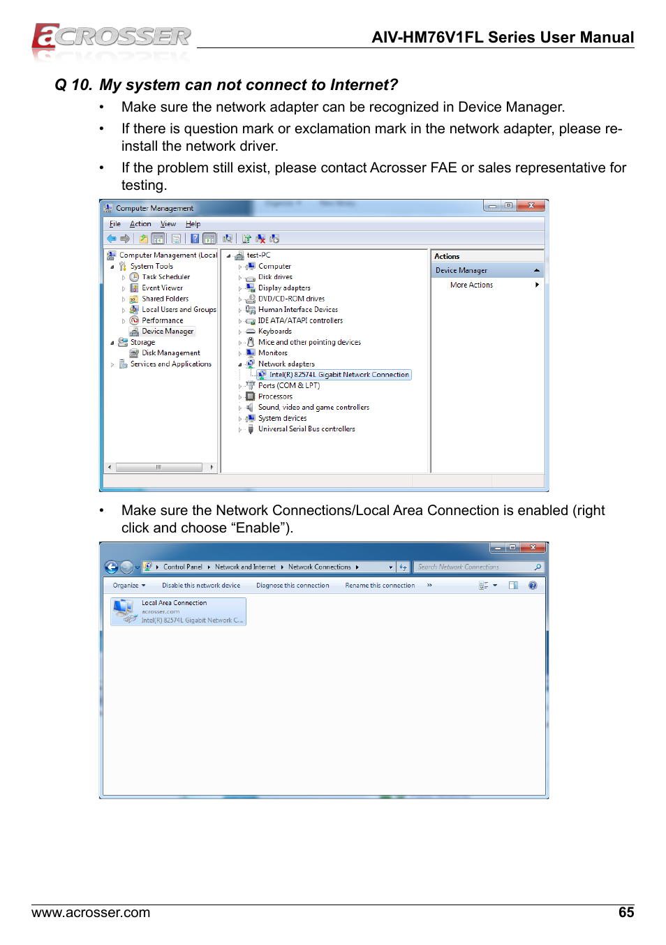 Q 10. my system can not connect to internet | Acrosser AIV-HM76V1FL User Manual | Page 65 / 69