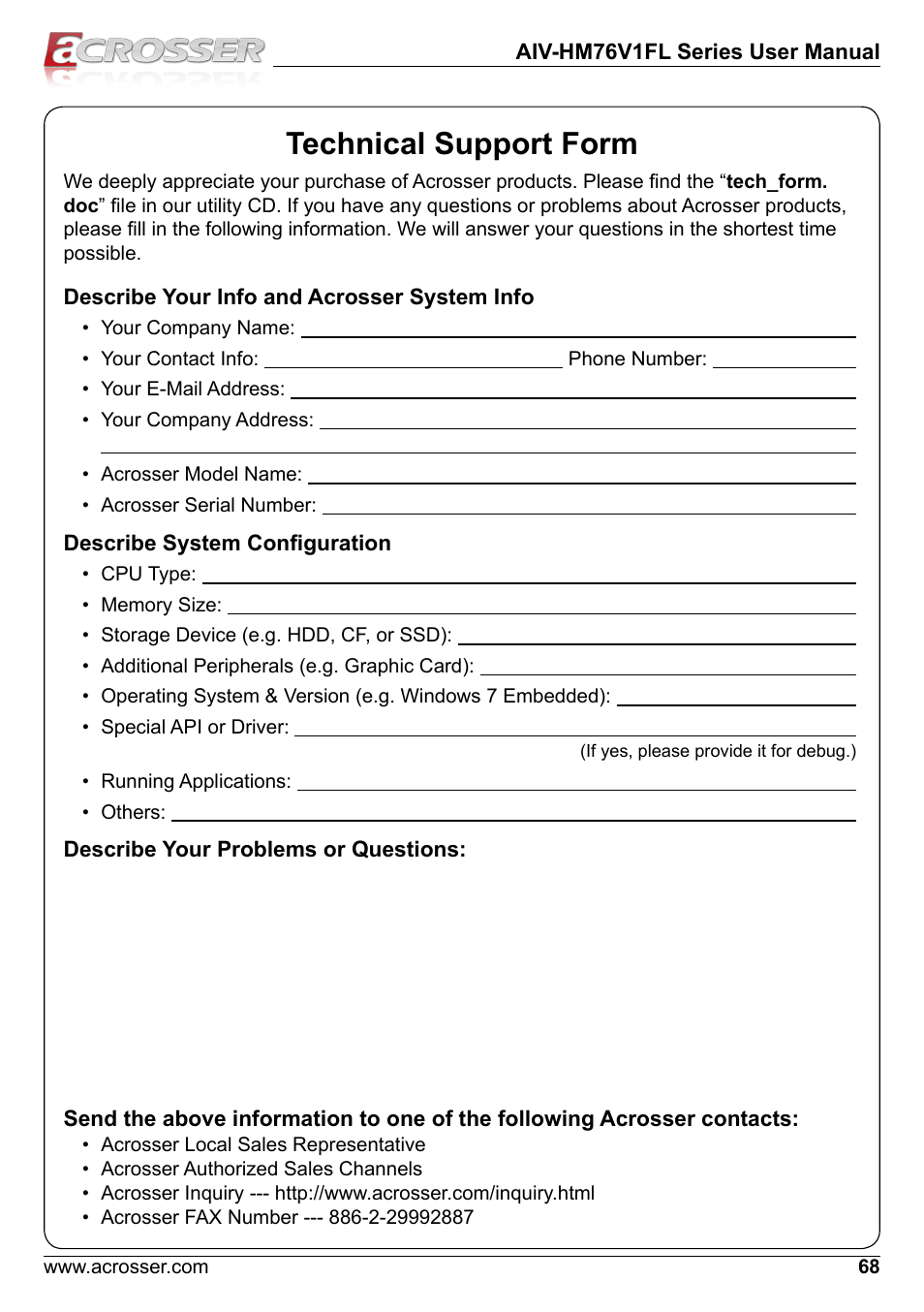 Technical support form | Acrosser AIV-HM76V1FL User Manual | Page 68 / 69