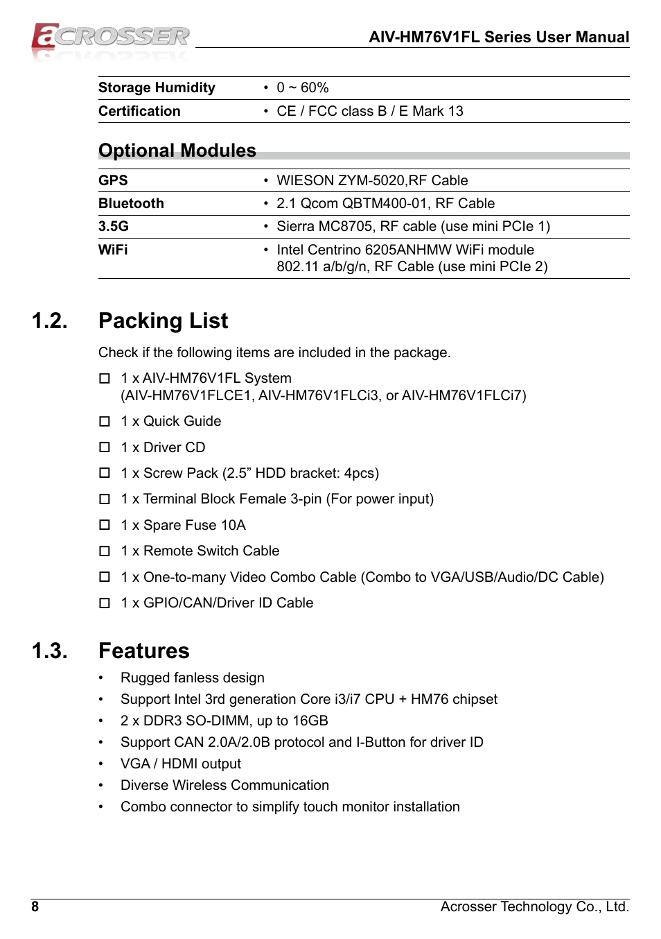 Packing list, Features, Packing list 1.3. features | Optional modules | Acrosser AIV-HM76V1FL User Manual | Page 8 / 69
