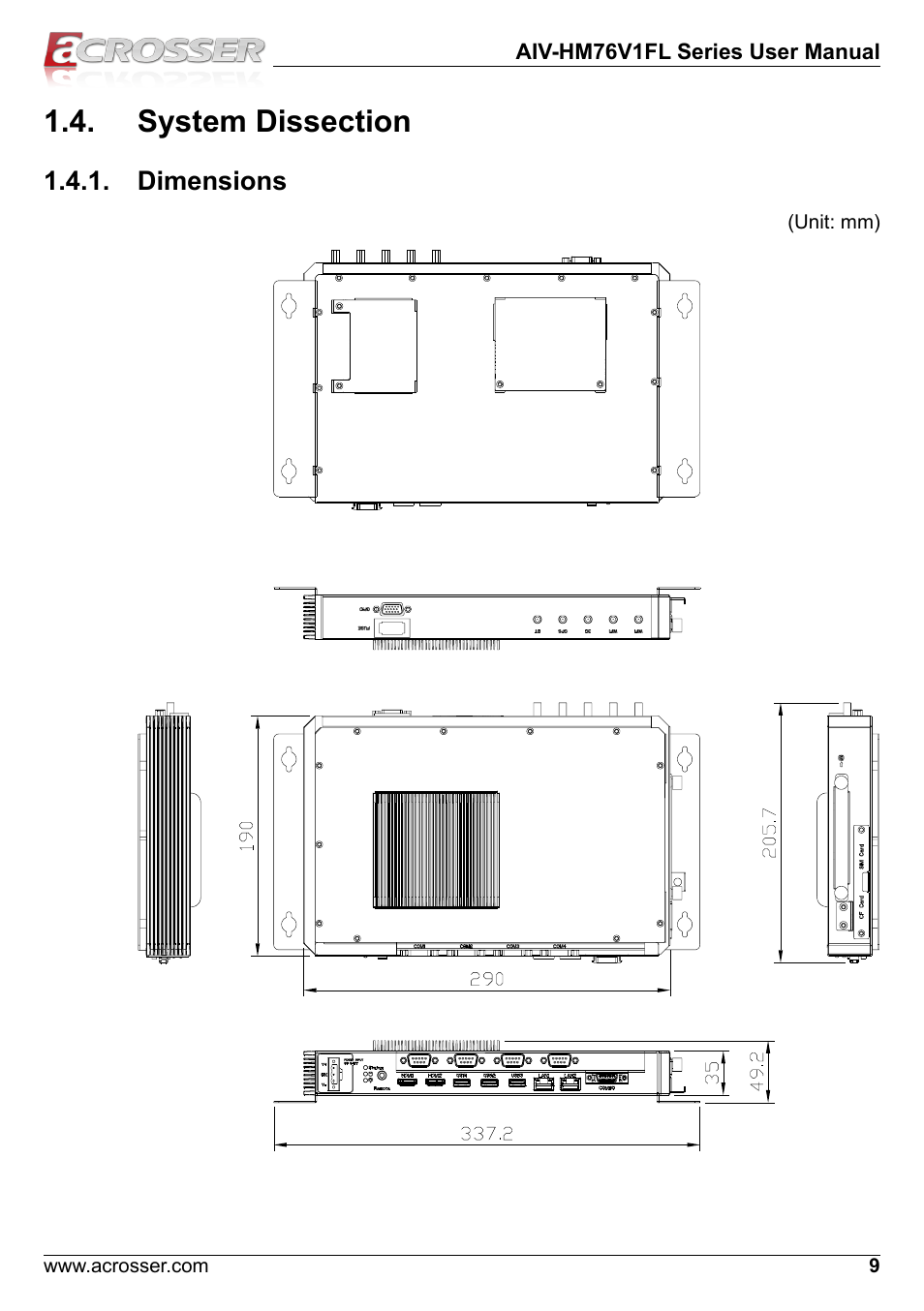 System dissection, Dimensions | Acrosser AIV-HM76V1FL User Manual | Page 9 / 69