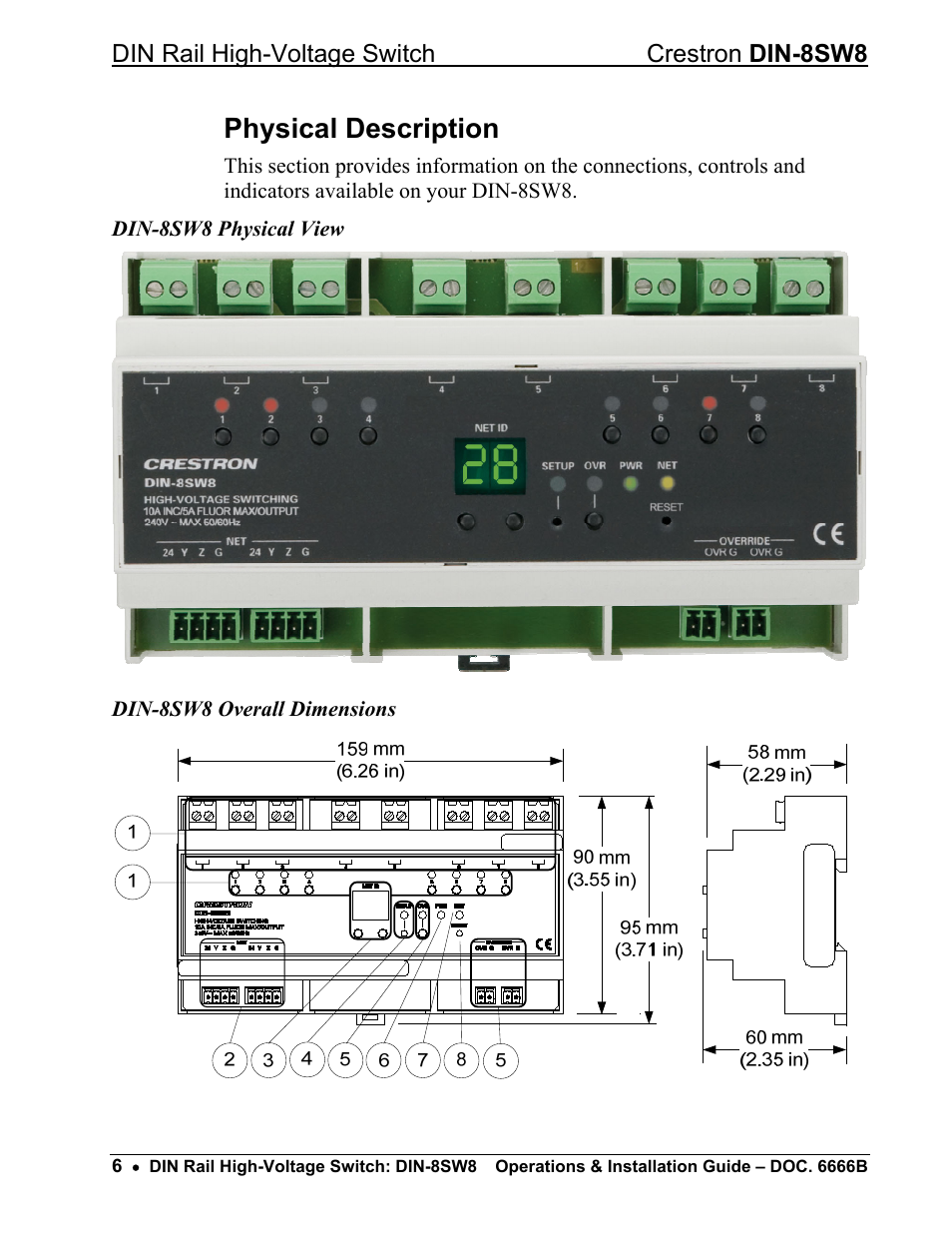 Physical description, Din rail high-voltage switch crestron din-8sw8 | Crestron electronic GreenLight DIN-8SW8 User Manual | Page 10 / 32