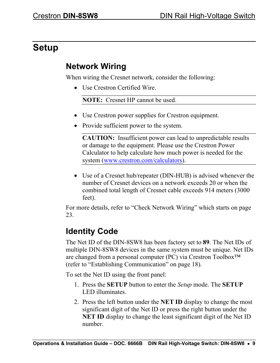 Setup, Network wiring, Identity code | Crestron electronic GreenLight DIN-8SW8 User Manual | Page 13 / 32