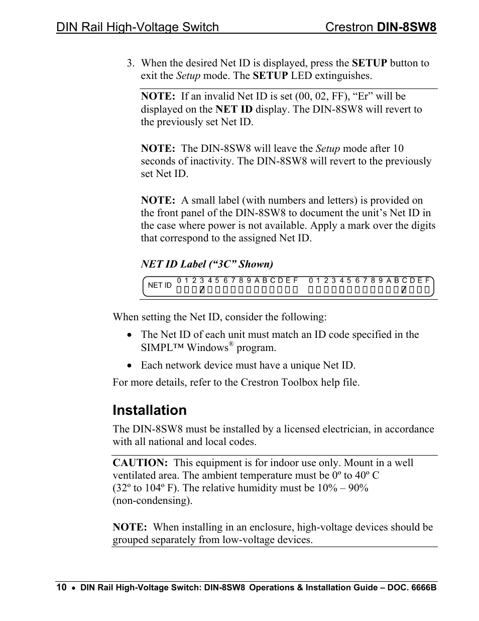 Installation, Din rail high-voltage switch crestron din-8sw8 | Crestron electronic GreenLight DIN-8SW8 User Manual | Page 14 / 32