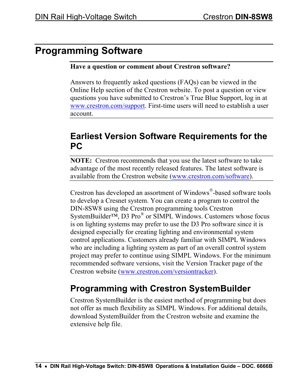 Programming software, Earliest version software requirements for the pc, Programming with crestron systembuilder | Crestron electronic GreenLight DIN-8SW8 User Manual | Page 18 / 32