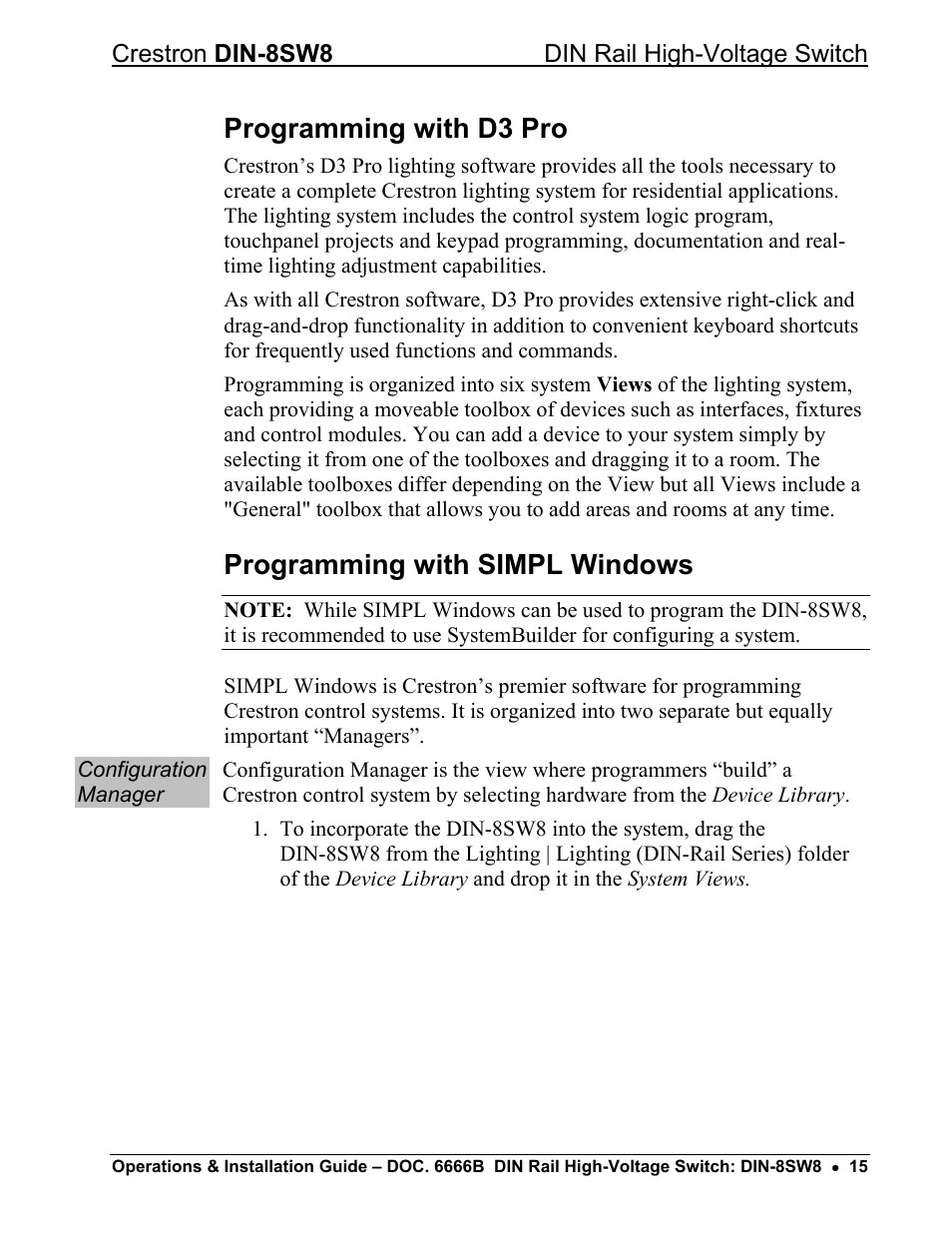 Programming with d3 pro, Programming with simpl windows | Crestron electronic GreenLight DIN-8SW8 User Manual | Page 19 / 32