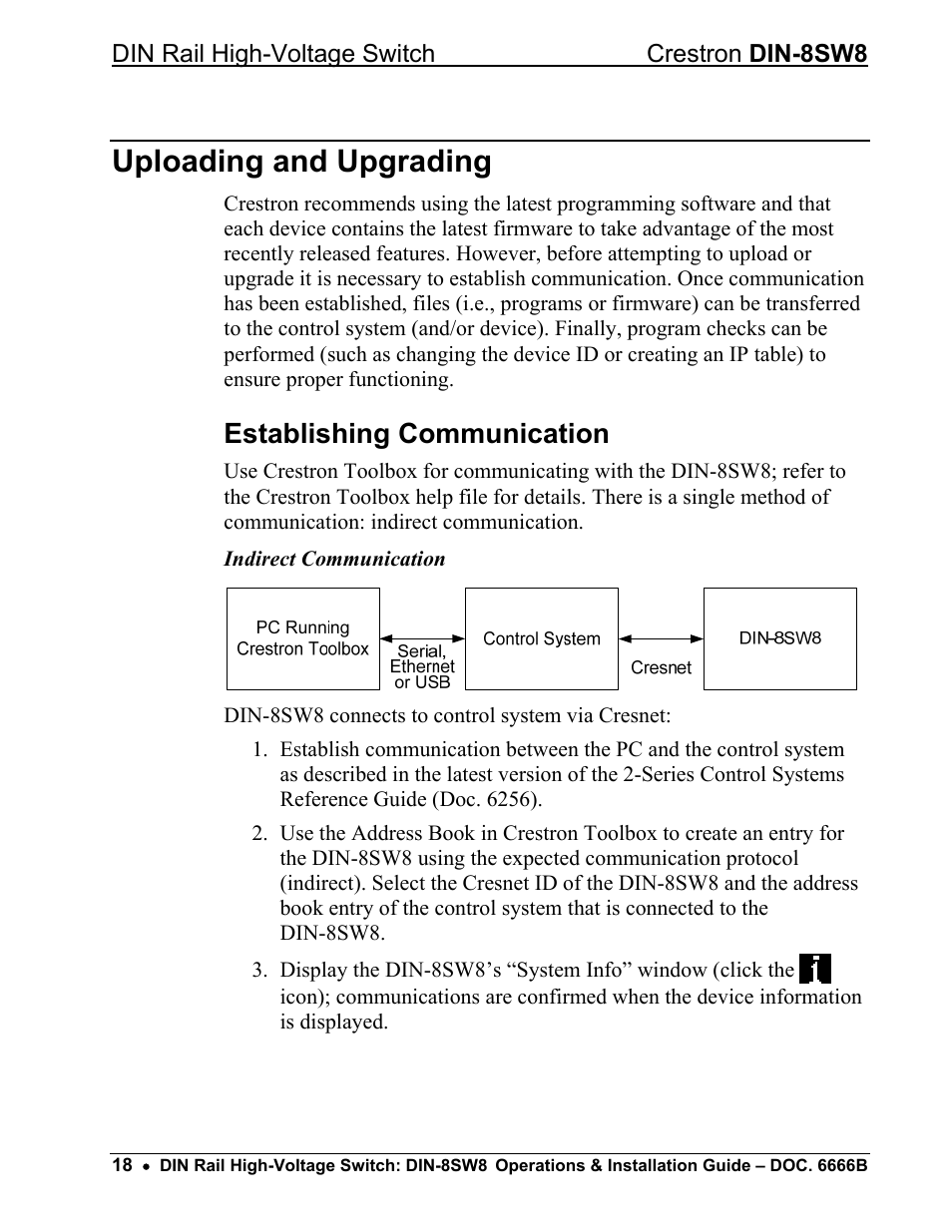 Uploading and upgrading, Establishing communication | Crestron electronic GreenLight DIN-8SW8 User Manual | Page 22 / 32