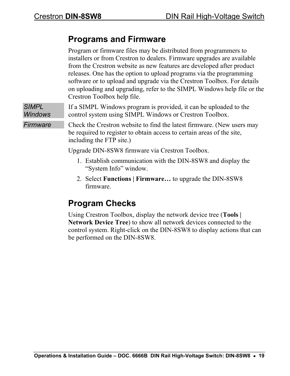 Programs and firmware, Program checks | Crestron electronic GreenLight DIN-8SW8 User Manual | Page 23 / 32