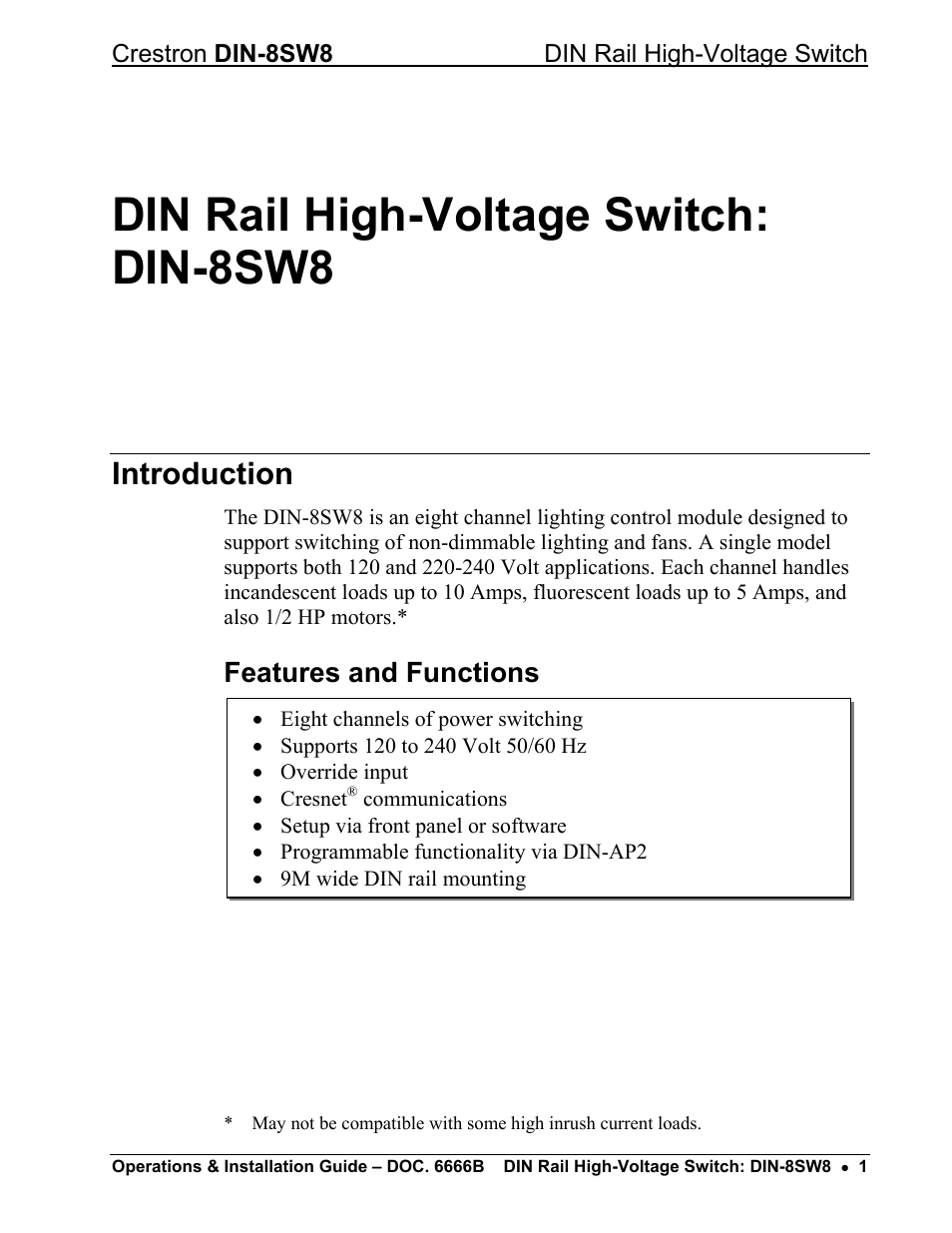 Din rail high-voltage switch: din-8sw8, Introduction, Features and functions | Crestron electronic GreenLight DIN-8SW8 User Manual | Page 5 / 32