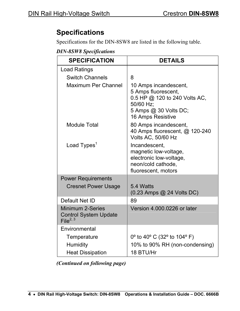 Specifications | Crestron electronic GreenLight DIN-8SW8 User Manual | Page 8 / 32