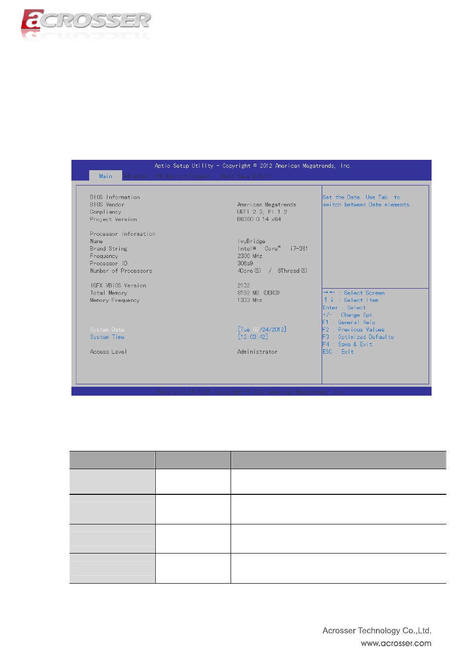 Main setup, Bios information, Bios vendor | Compliancy, Project version | Acrosser ACM-B6360 User Manual | Page 20 / 63