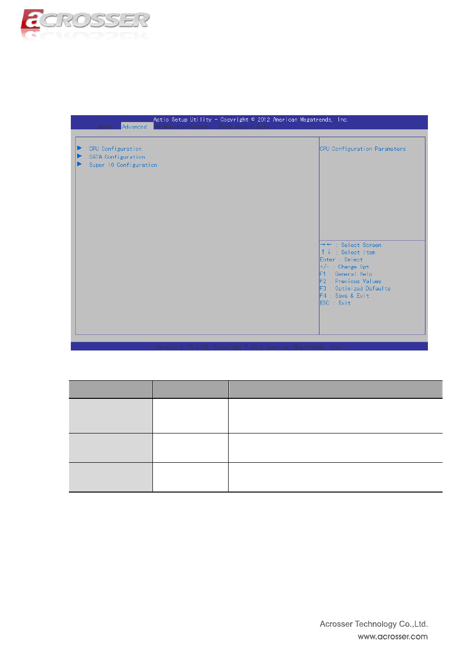 Advanced setup, Cpu configuration, Sata configuration | Super io configuration | Acrosser ACM-B6360 User Manual | Page 22 / 63