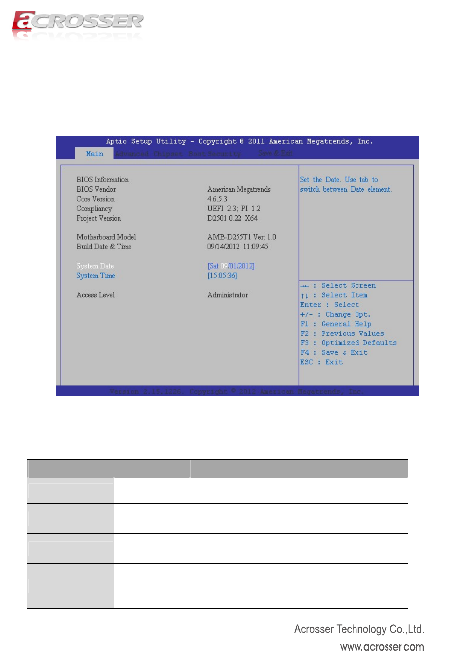 Main setup, Bios information, Bios vendor | Core version, Compliancy | Acrosser AMB-D255T1 User Manual | Page 16 / 38