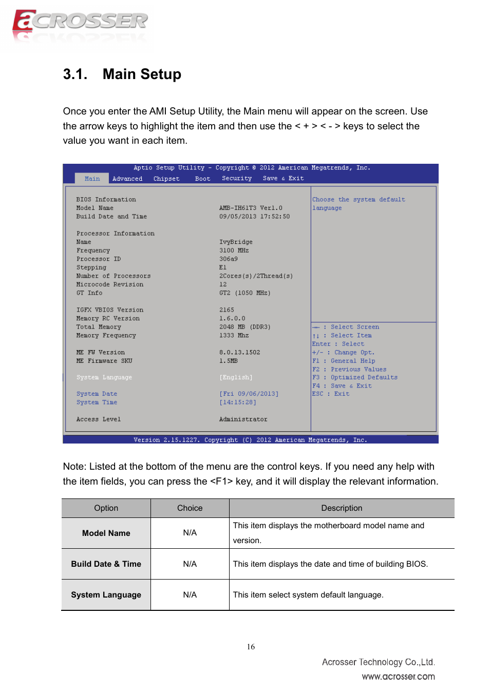 Main setup, Model name, Build date & time | System language | Acrosser AMB-IH61T3 (Mini-ITX) User Manual | Page 16 / 45