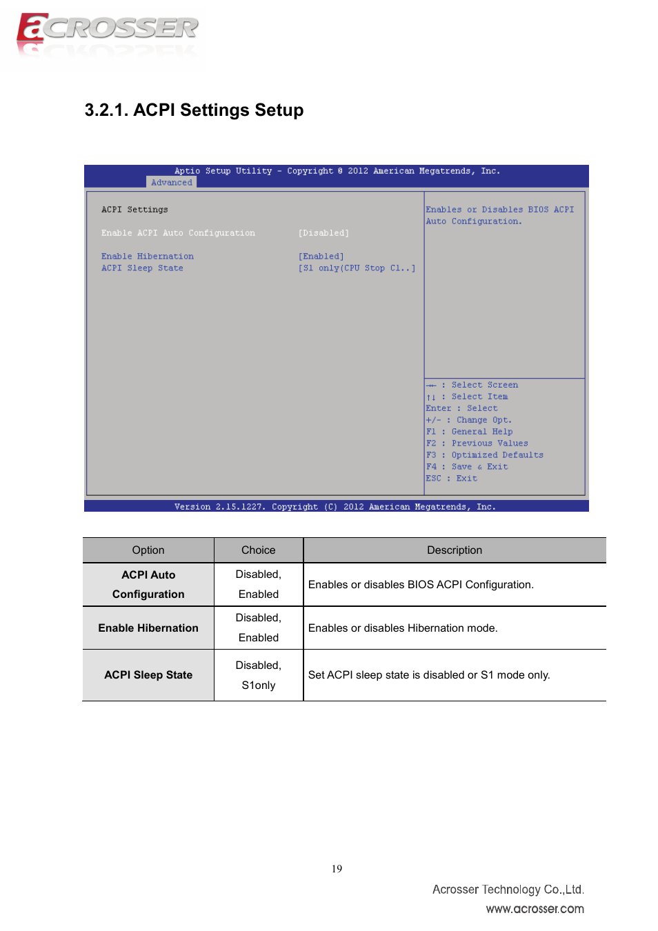Acpi settings setup, Acpi auto configuration, Enable hibernation | Acpi sleep state | Acrosser AMB-IH61T3 (Mini-ITX) User Manual | Page 19 / 45