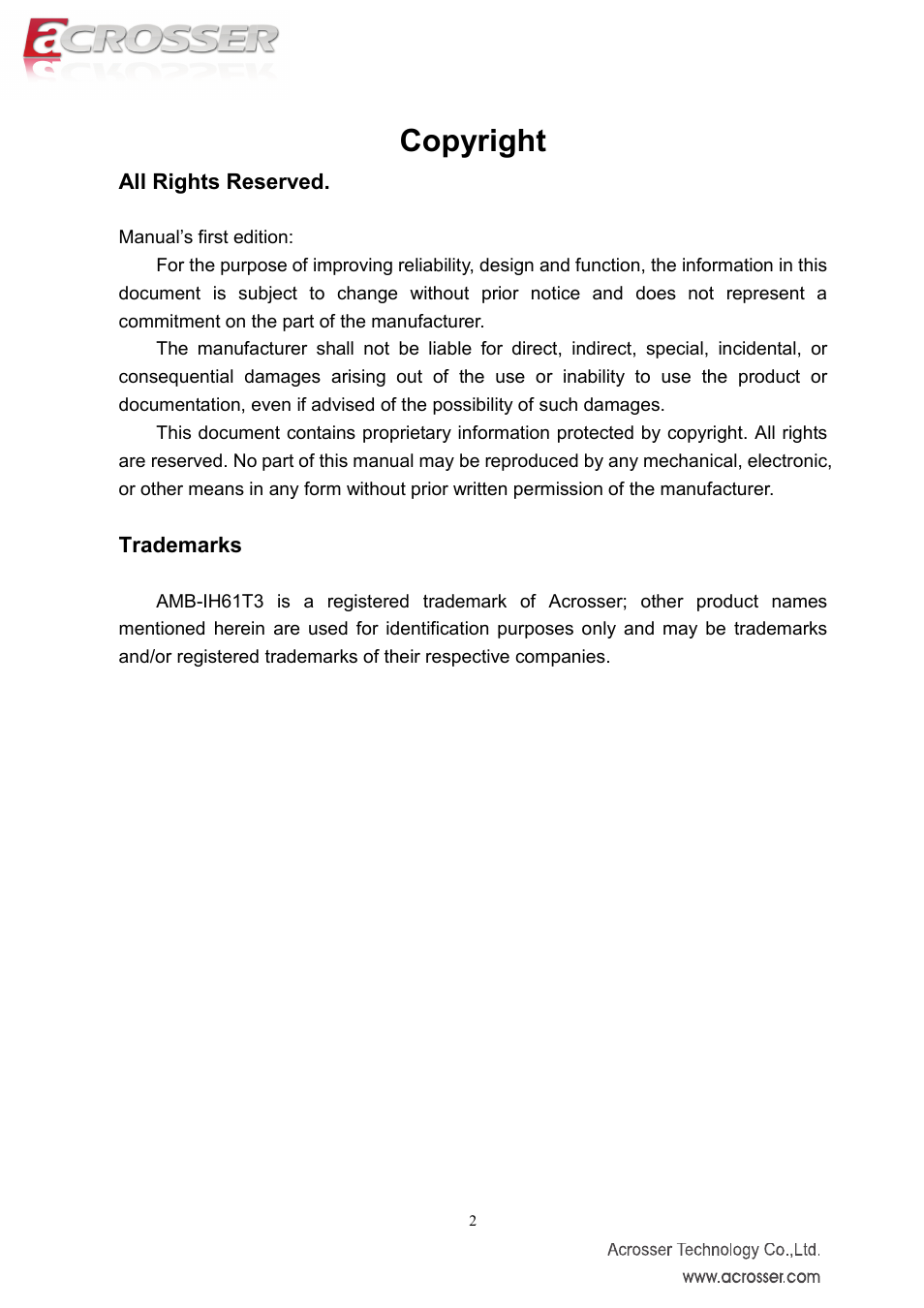Copyright | Acrosser AMB-IH61T3 (Mini-ITX) User Manual | Page 2 / 45