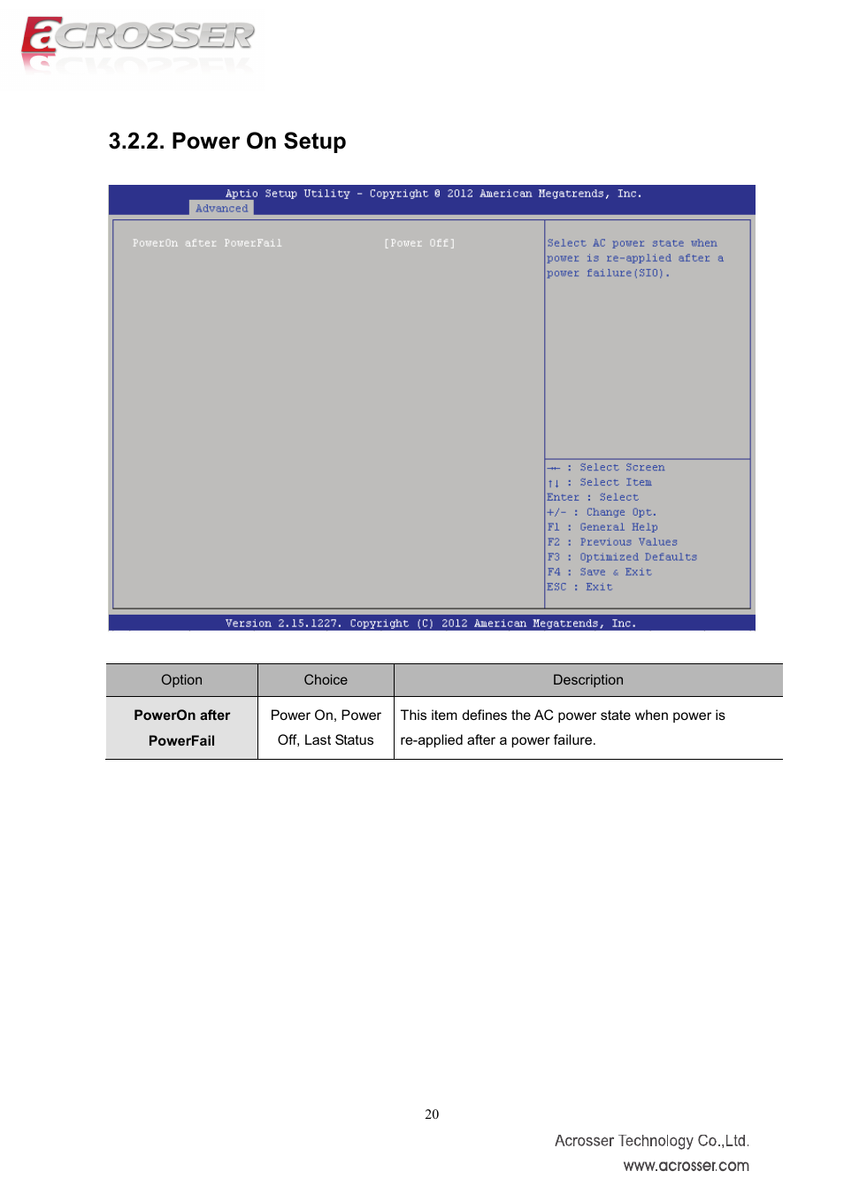 Power on setup, Poweron after powerfail | Acrosser AMB-IH61T3 (Mini-ITX) User Manual | Page 20 / 45