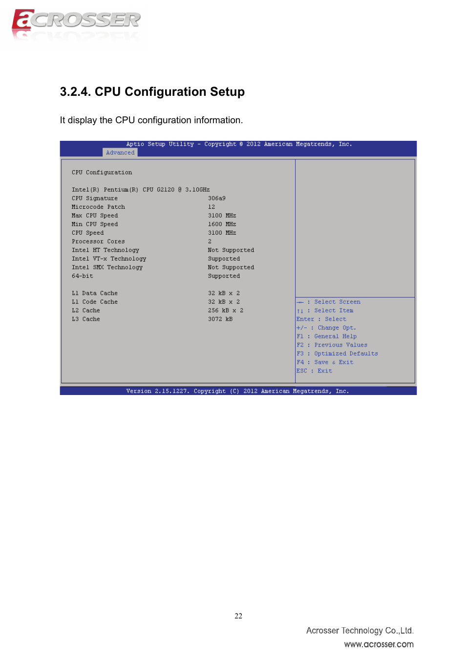 Cpu configuration setup | Acrosser AMB-IH61T3 (Mini-ITX) User Manual | Page 22 / 45