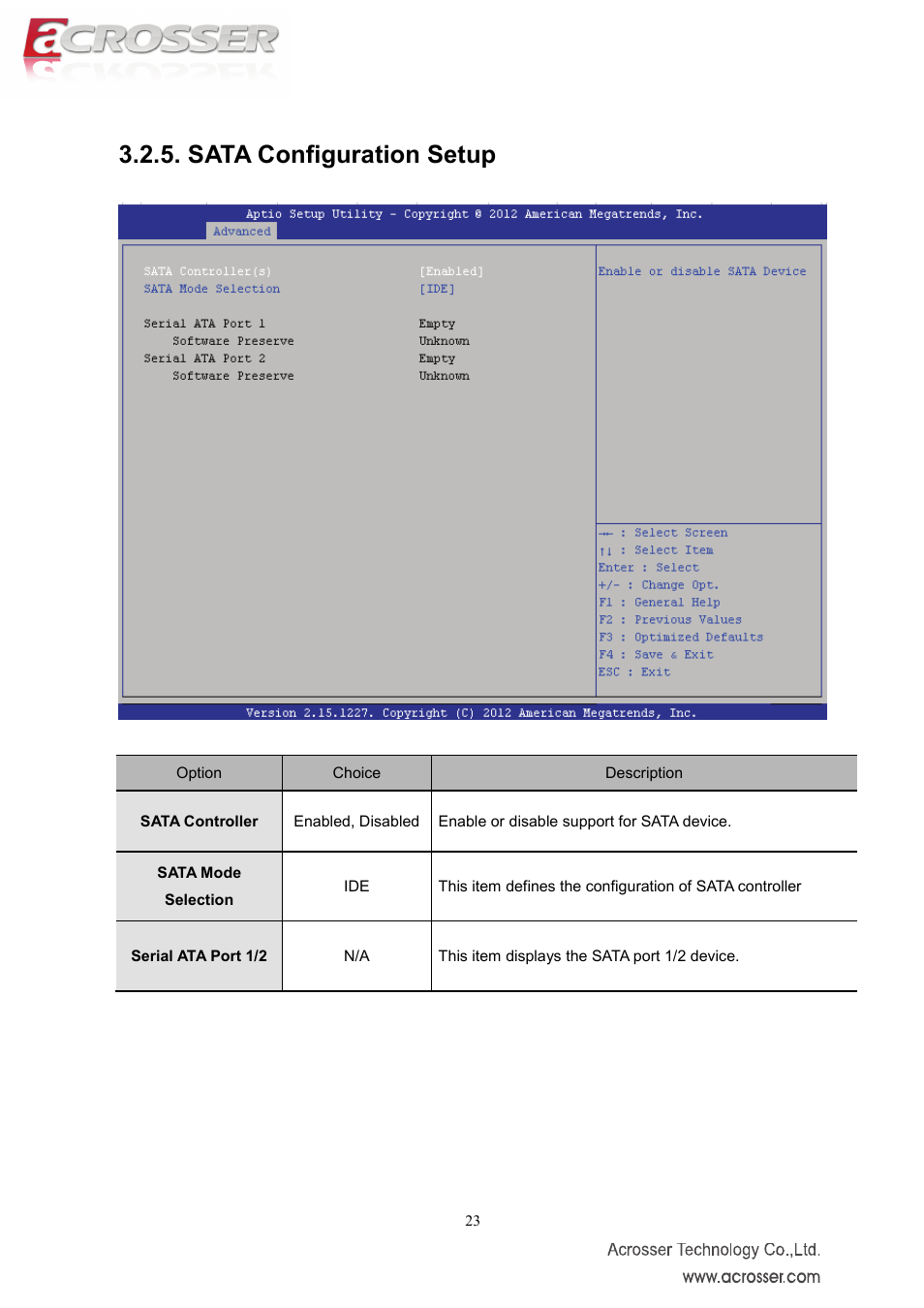 Sata configuration setup, Sata controller, Sata mode selection | Serial ata port 1/2 | Acrosser AMB-IH61T3 (Mini-ITX) User Manual | Page 23 / 45