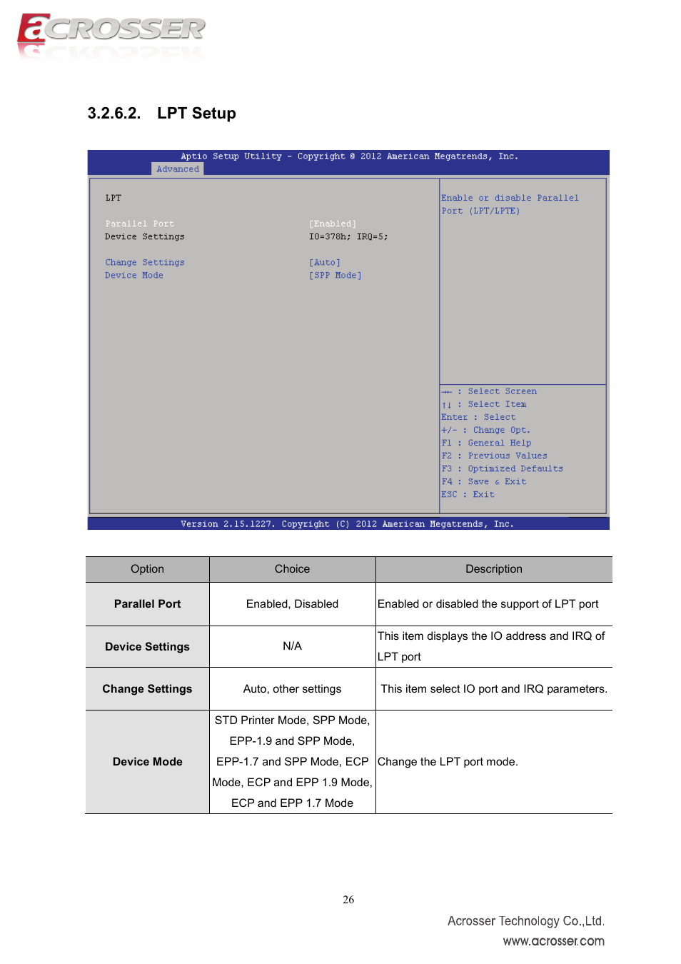 Parallel port, Device settings, This item select io port and irq parameters | Change settings, Device mode, Lpt setup | Acrosser AMB-IH61T3 (Mini-ITX) User Manual | Page 26 / 45