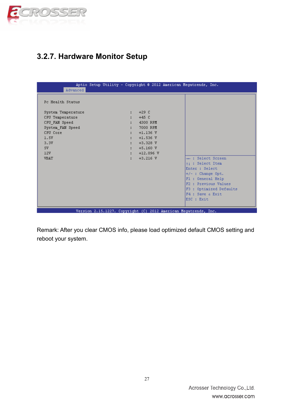 Hardware monitor setup | Acrosser AMB-IH61T3 (Mini-ITX) User Manual | Page 27 / 45