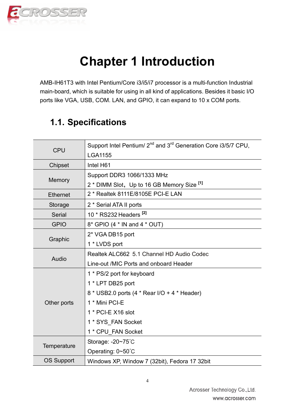 Chapter 1 introduction, Specifications | Acrosser AMB-IH61T3 (Mini-ITX) User Manual | Page 4 / 45