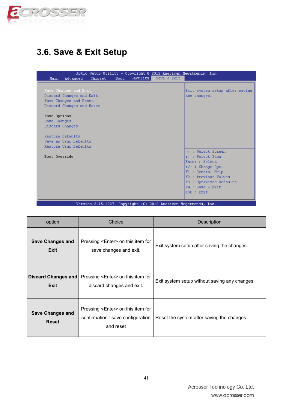 Save & exit setup | Acrosser AMB-IH61T3 (Mini-ITX) User Manual | Page 41 / 45