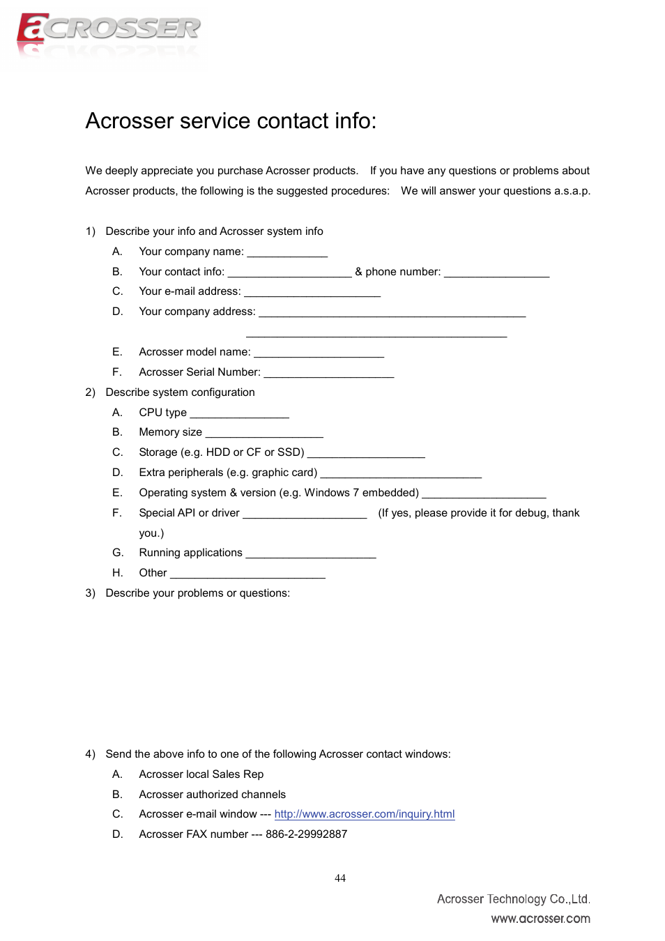 Acrosser service contact info | Acrosser AMB-IH61T3 (Mini-ITX) User Manual | Page 44 / 45