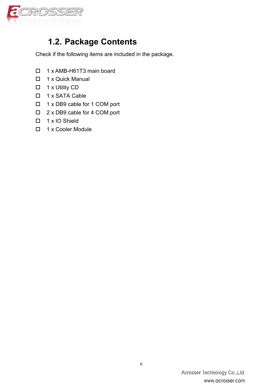 Package contents | Acrosser AMB-IH61T3 (Mini-ITX) User Manual | Page 6 / 45