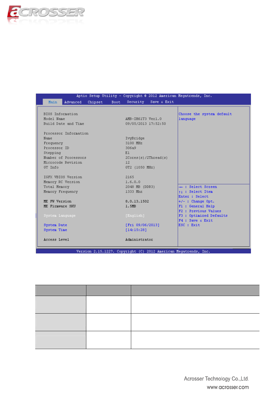 Main setup, Model name, Build date & time | System language | Acrosser AMB-IH61T3 (Mini-ITX) User Manual | Page 16 / 45