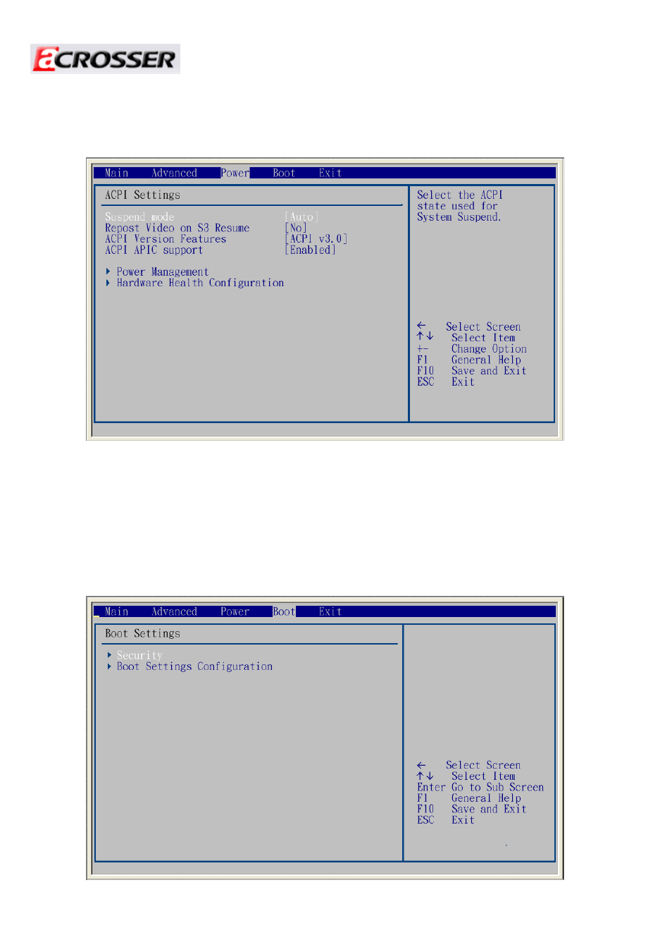 Power (acpi setting), Boot (boot settings) | Acrosser AR-N6000 User Manual | Page 23 / 28