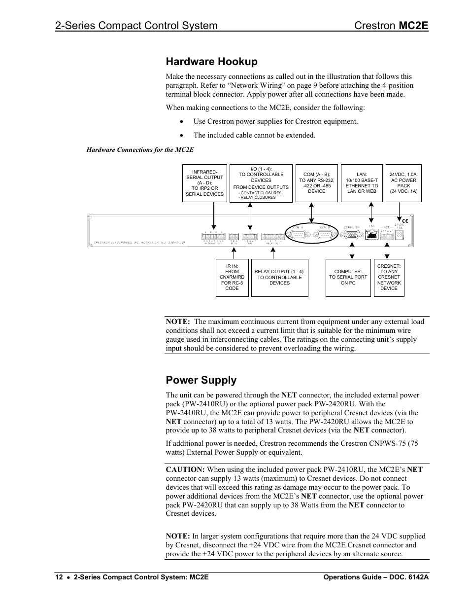 Hardware hookup, Power supply, Series compact control system crestron mc2e | Crestron electronic Crestron MC2E User Manual | Page 16 / 32