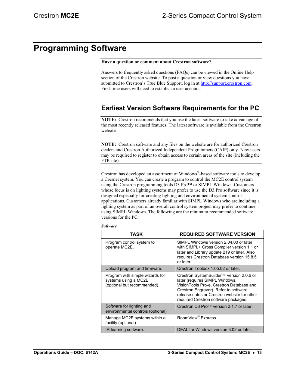 Programming software, Earliest version software requirements for the pc, Crestron mc2e 2-series compact control system | Crestron electronic Crestron MC2E User Manual | Page 17 / 32