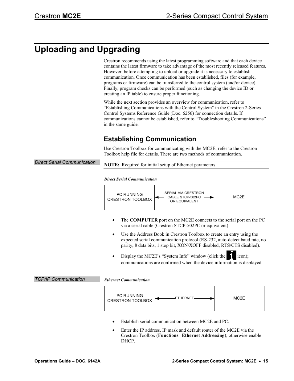 Uploading and upgrading, Establishing communication, Crestron mc2e 2-series compact control system | Crestron electronic Crestron MC2E User Manual | Page 19 / 32