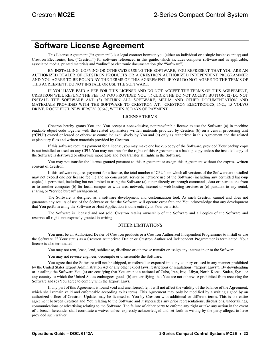 Software license agreement, Crestron mc2e 2-series compact control system | Crestron electronic Crestron MC2E User Manual | Page 27 / 32