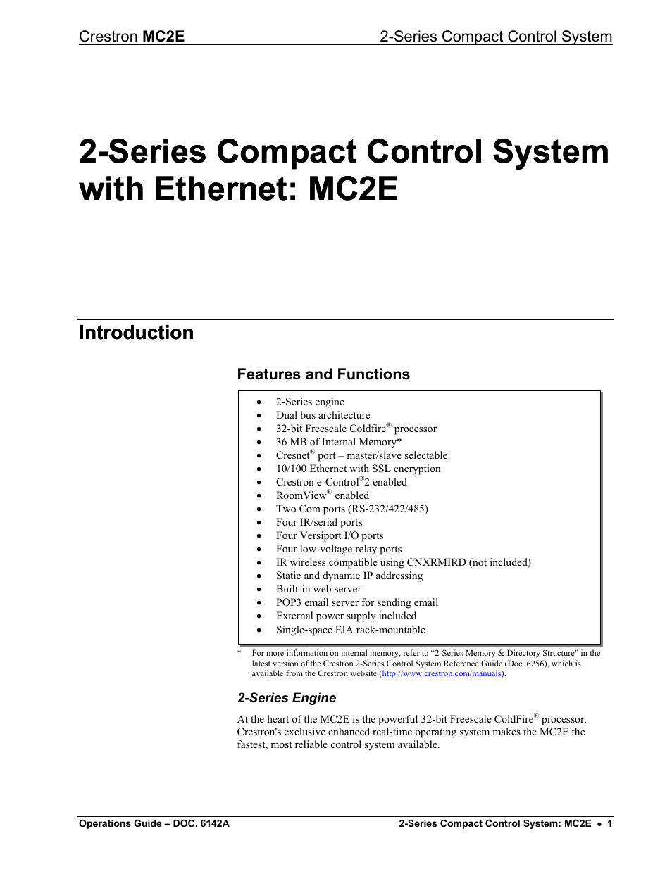 Series compact control system with ethernet: mc2e, Introduction, Features and functions | Crestron mc2e 2-series compact control system | Crestron electronic Crestron MC2E User Manual | Page 5 / 32