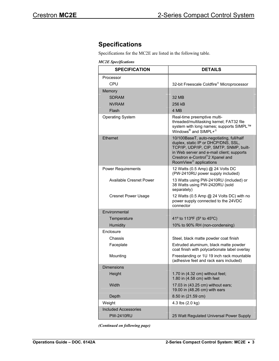 Specifications, Crestron mc2e 2-series compact control system | Crestron electronic Crestron MC2E User Manual | Page 7 / 32