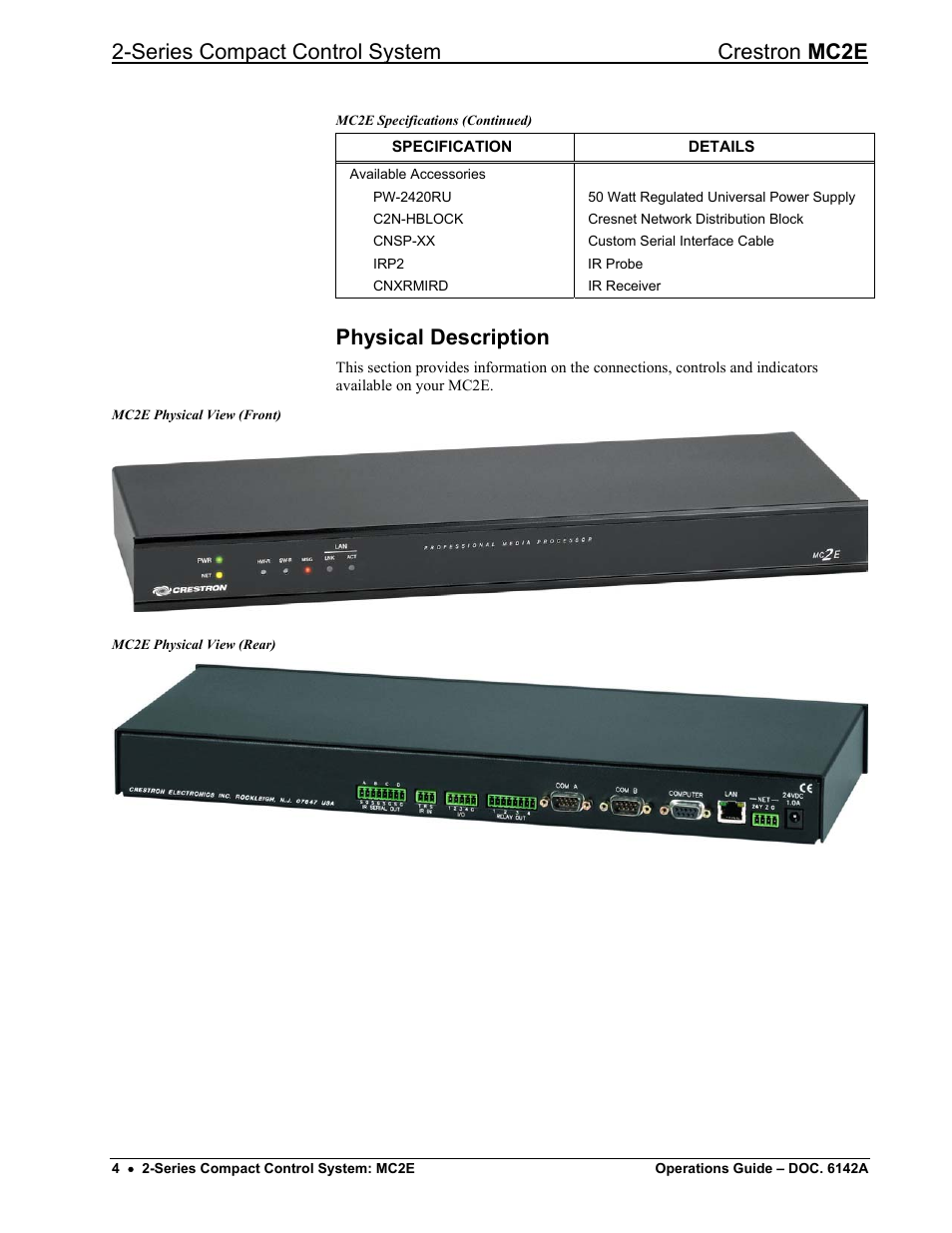 Physical description, Series compact control system crestron mc2e | Crestron electronic Crestron MC2E User Manual | Page 8 / 32